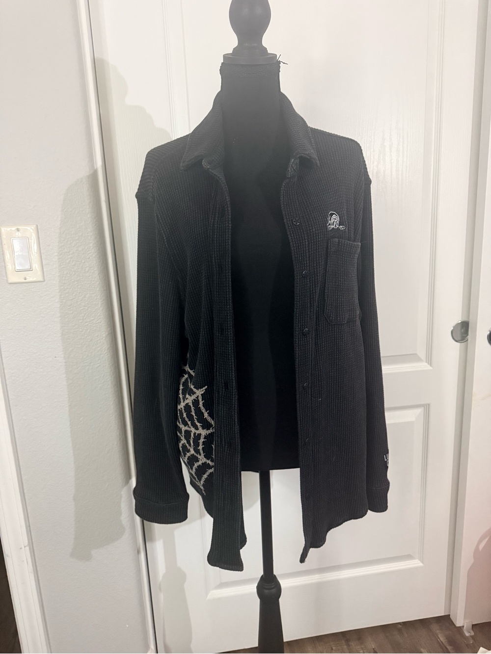 Black Waffle-Knit Jean Jacket with Spiderweb Accent
